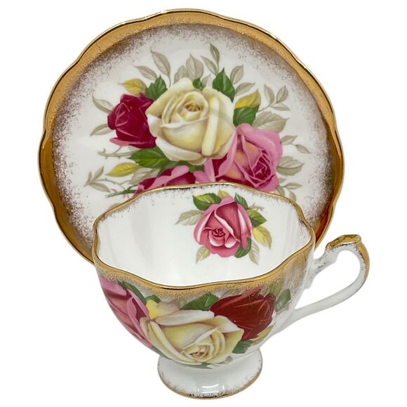 Lady Sylvia Queen Anne Teacup and Saucer Pink Yellow Red Rose Gold Gilt Trim - Picture 2 of 7
